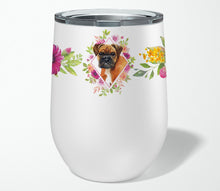 Load image into Gallery viewer, German Boxer Pink Flowers Stainless Steel 12 oz Stemless Wine Glass CK4145TBL12