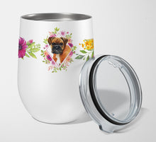 Load image into Gallery viewer, German Boxer Pink Flowers Stainless Steel 12 oz Stemless Wine Glass CK4145TBL12