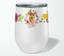 Load image into Gallery viewer, German Shepherd #2 Pink Flowers Stainless Steel 12 oz Stemless Wine Glass CK4147TBL12