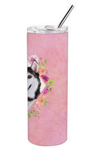 Load image into Gallery viewer, Siberian Husky #1 Pink Flowers Double Walled Stainless Steel 20 oz Skinny Tumbler CK4151TBL20
