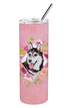 Load image into Gallery viewer, Siberian Husky #1 Pink Flowers Double Walled Stainless Steel 20 oz Skinny Tumbler CK4151TBL20