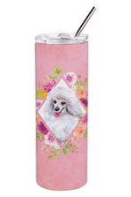 Load image into Gallery viewer, White Mini Poodle Pink Flowers Double Walled Stainless Steel 20 oz Skinny Tumbler CK4172TBL20