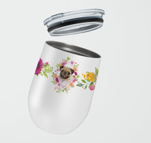 Load image into Gallery viewer, Fawn Pug Pink Flowers Stainless Steel 12 oz Stemless Wine Glass CK4174TBL12