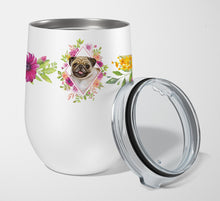 Load image into Gallery viewer, Fawn Pug Pink Flowers Stainless Steel 12 oz Stemless Wine Glass CK4174TBL12