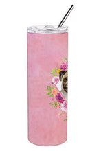 Load image into Gallery viewer, Fawn Pug Pink Flowers Double Walled Stainless Steel 20 oz Skinny Tumbler CK4174TBL20