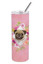 Load image into Gallery viewer, Fawn Pug Pink Flowers Double Walled Stainless Steel 20 oz Skinny Tumbler CK4174TBL20