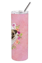 Load image into Gallery viewer, Fawn Pug Pink Flowers Double Walled Stainless Steel 20 oz Skinny Tumbler CK4174TBL20