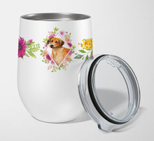 Load image into Gallery viewer, Rhodesian Ridgeback Pink Flowers Stainless Steel 12 oz Stemless Wine Glass CK4175TBL12