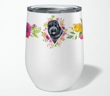 Load image into Gallery viewer, Russian Black Terrier Pink Flowers Stainless Steel 12 oz Stemless Wine Glass CK4176TBL12