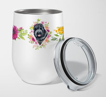Load image into Gallery viewer, Russian Black Terrier Pink Flowers Stainless Steel 12 oz Stemless Wine Glass CK4176TBL12