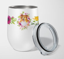 Load image into Gallery viewer, Sheltie Shetland Sheepdog Pink Flowers Stainless Steel 12 oz Stemless Wine Glass CK4182TBL12