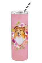 Load image into Gallery viewer, Sheltie Shetland Sheepdog Pink Flowers Double Walled Stainless Steel 20 oz Skinny Tumbler CK4182TBL20