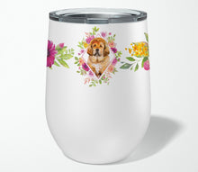 Load image into Gallery viewer, Tibetian Mastiff Puppy Pink Flowers Stainless Steel 12 oz Stemless Wine Glass CK4189TBL12