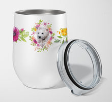Load image into Gallery viewer, West Highland White Terrier Pink Flowers Stainless Steel 12 oz Stemless Wine Glass CK4193TBL12