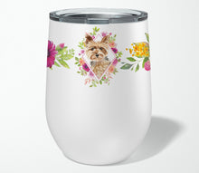 Load image into Gallery viewer, Yorkie Pink Flowers Stainless Steel 12 oz Stemless Wine Glass CK4197TBL12