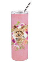 Load image into Gallery viewer, Yorkie Pink Flowers Double Walled Stainless Steel 20 oz Skinny Tumbler CK4197TBL20