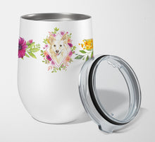 Load image into Gallery viewer, White Collie Pink Flowers Stainless Steel 12 oz Stemless Wine Glass CK4201TBL12