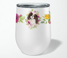 Load image into Gallery viewer, Tricolor Cavalier Spaniel Pink Flowers Stainless Steel 12 oz Stemless Wine Glass CK4206TBL12