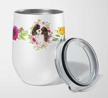 Load image into Gallery viewer, Tricolor Cavalier Spaniel Pink Flowers Stainless Steel 12 oz Stemless Wine Glass CK4206TBL12