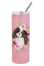 Load image into Gallery viewer, Tricolor Cavalier Spaniel Pink Flowers Double Walled Stainless Steel 20 oz Skinny Tumbler CK4206TBL20