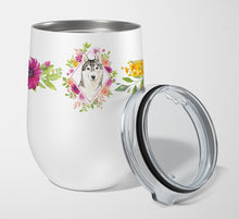 Load image into Gallery viewer, Siberian Husky Pink Flowers Stainless Steel 12 oz Stemless Wine Glass CK4210TBL12