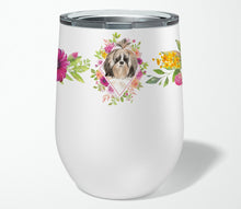 Load image into Gallery viewer, Shih Tzu Pink Flowers Stainless Steel 12 oz Stemless Wine Glass CK4212TBL12