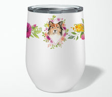 Load image into Gallery viewer, Sheltie Pink Flowers Stainless Steel 12 oz Stemless Wine Glass CK4213TBL12