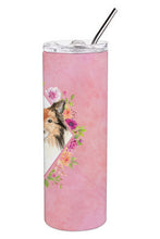 Load image into Gallery viewer, Sheltie Pink Flowers Double Walled Stainless Steel 20 oz Skinny Tumbler CK4213TBL20