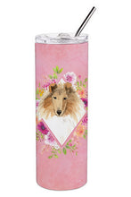 Load image into Gallery viewer, Collie Pink Flowers Double Walled Stainless Steel 20 oz Skinny Tumbler CK4216TBL20