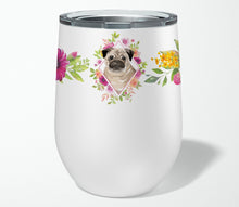 Load image into Gallery viewer, Fawn Pug Pink Flowers Stainless Steel 12 oz Stemless Wine Glass CK4218TBL12