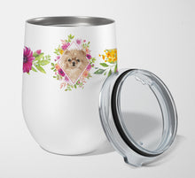 Load image into Gallery viewer, Pomeranian Pink Flowers Stainless Steel 12 oz Stemless Wine Glass CK4219TBL12