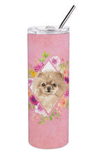 Load image into Gallery viewer, Pomeranian Pink Flowers Double Walled Stainless Steel 20 oz Skinny Tumbler CK4219TBL20