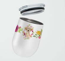 Load image into Gallery viewer, Yellow Lab Pink Flowers Stainless Steel 12 oz Stemless Wine Glass CK4227TBL12