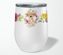 Load image into Gallery viewer, Yellow Lab Pink Flowers Stainless Steel 12 oz Stemless Wine Glass CK4227TBL12