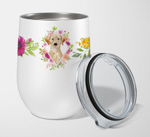 Load image into Gallery viewer, Yellow Lab Pink Flowers Stainless Steel 12 oz Stemless Wine Glass CK4227TBL12