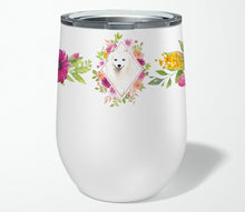 Load image into Gallery viewer, Japanese Spitz Pink Flowers Stainless Steel 12 oz Stemless Wine Glass CK4229TBL12