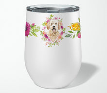 Load image into Gallery viewer, Goldendoodle Pink Flowers Stainless Steel 12 oz Stemless Wine Glass CK4236TBL12
