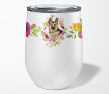 Load image into Gallery viewer, German Shepherd Pink Flowers Stainless Steel 12 oz Stemless Wine Glass CK4237TBL12