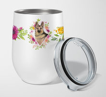 Load image into Gallery viewer, German Shepherd Pink Flowers Stainless Steel 12 oz Stemless Wine Glass CK4237TBL12