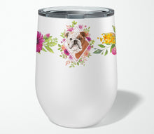 Load image into Gallery viewer, English Bulldog Pink Flowers Stainless Steel 12 oz Stemless Wine Glass CK4240TBL12