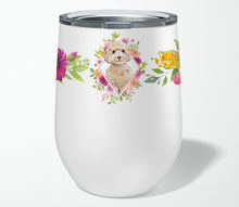 Load image into Gallery viewer, Champagne Cockapoo Pink Flowers Stainless Steel 12 oz Stemless Wine Glass CK4246TBL12