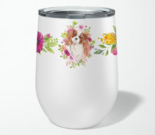 Load image into Gallery viewer, Blenheim Cavalier Spaniel Pink Flowers Stainless Steel 12 oz Stemless Wine Glass CK4248TBL12