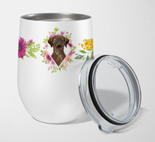 Load image into Gallery viewer, Chocolate Labrador Pink Flowers Stainless Steel 12 oz Stemless Wine Glass CK4251TBL12