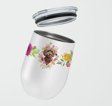 Load image into Gallery viewer, Chocolate Cockapoo Pink Flowers Stainless Steel 12 oz Stemless Wine Glass CK4253TBL12