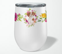 Load image into Gallery viewer, Brittany Spaniel Pink Flowers Stainless Steel 12 oz Stemless Wine Glass CK4254TBL12