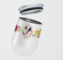 Load image into Gallery viewer, Black and White Frenchie Pink Flowers Stainless Steel 12 oz Stemless Wine Glass CK4260TBL12