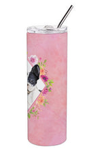 Load image into Gallery viewer, Black and White Frenchie Pink Flowers Double Walled Stainless Steel 20 oz Skinny Tumbler CK4260TBL20