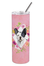 Load image into Gallery viewer, Black and White Frenchie Pink Flowers Double Walled Stainless Steel 20 oz Skinny Tumbler CK4260TBL20