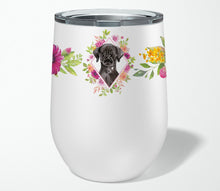 Load image into Gallery viewer, Black Labrador Pink Flowers Stainless Steel 12 oz Stemless Wine Glass CK4261TBL12