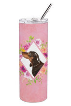 Load image into Gallery viewer, Black and Tan Dachshund Pink Flowers Double Walled Stainless Steel 20 oz Skinny Tumbler CK4262TBL20